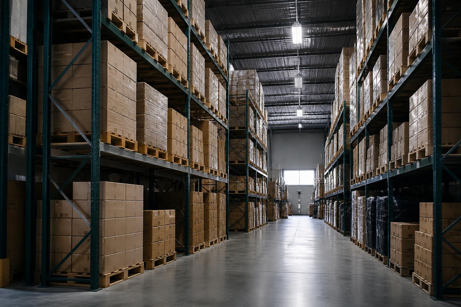 Wholesale warehouse racking loaded with palletised cases for retailer orders